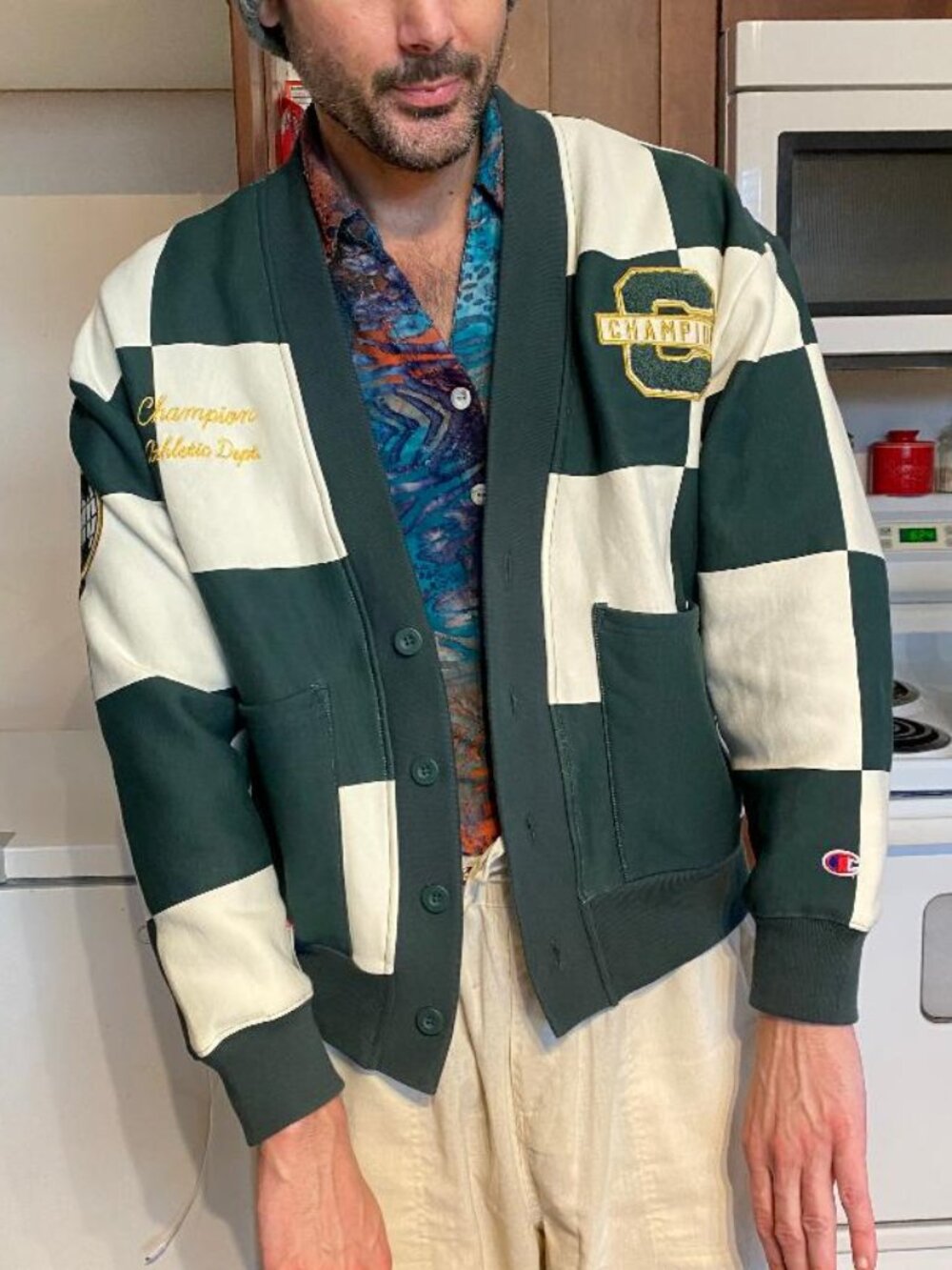 Champion Men's Varsity Check Cardigan Sweater (M)